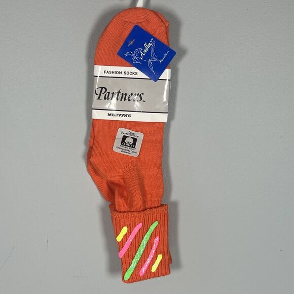 Vintage Mervyn’s Partners Orange 80’s Cuffed Anklet Socks Women Size 9-11 NOS - Picture 2 of 6